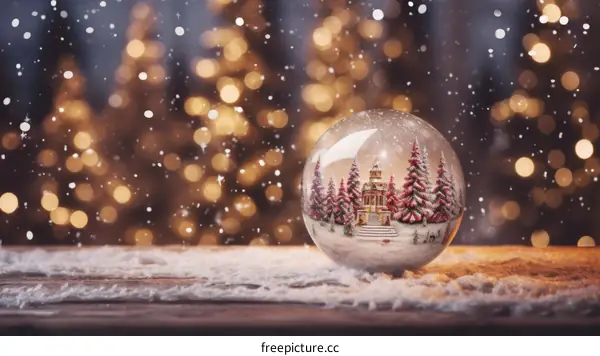 Christmas Snow Globe with Miniature Village on Snowy Table with Lights