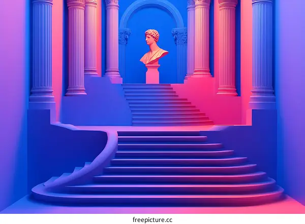 3D Render of Ancient Greek Architecture with Neon Lights