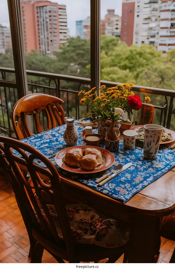 Breakfast Table with Flowers and City View