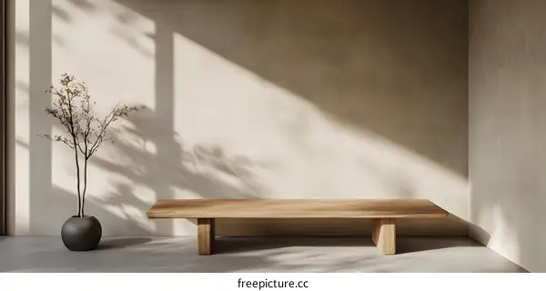 Minimalist Wooden Bench with Dried Flowers in a Sunlit Room