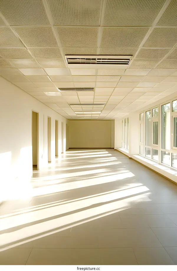 Empty Office Corridor with Light Streaks and Ceiling Tiles