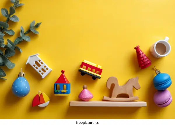 Colorful Wooden Toys and Decor on Yellow Background
