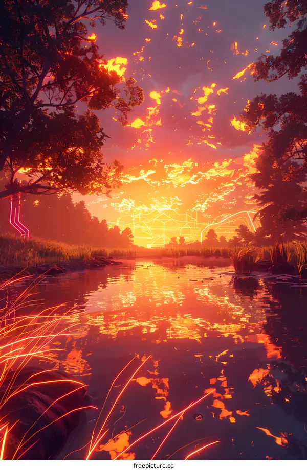 futuristic landscape with glowing trees and river