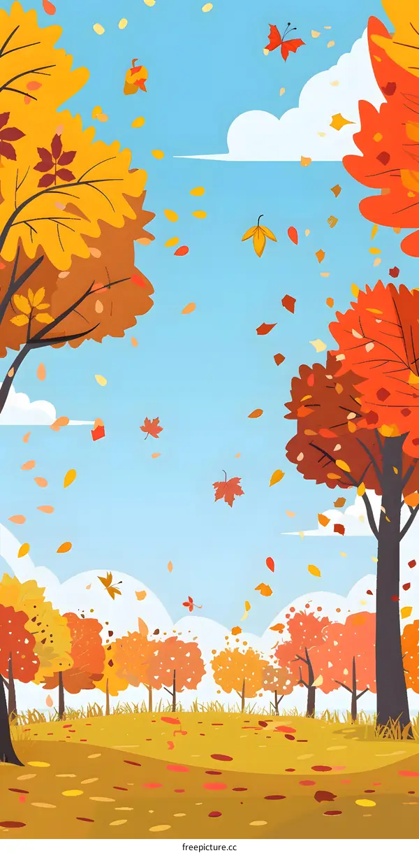 Autumn Forest Landscape Illustration with Falling Leaves