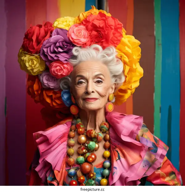 Portrait of an elderly woman wearing a colorful headdress and jewelry