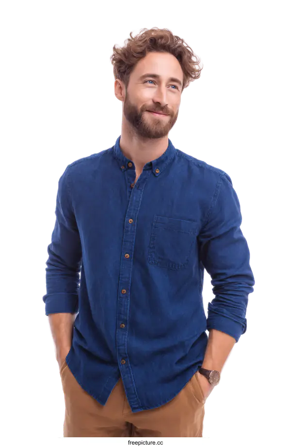 [Transparent Background PNG]Confident Caucasian Man in a Stylish Denim Shirt