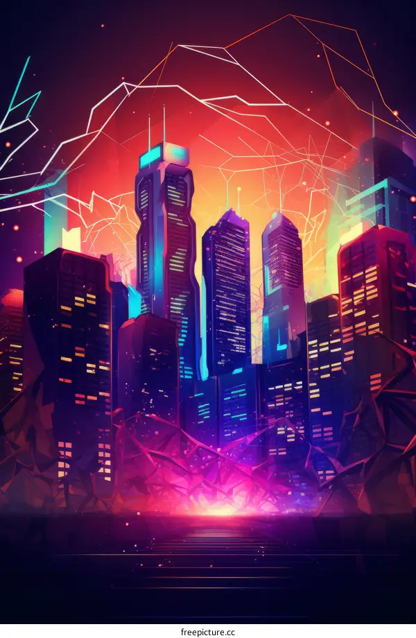 Futuristic Cityscape at Night: Digital Painting of Skyscrapers and Neon Lights