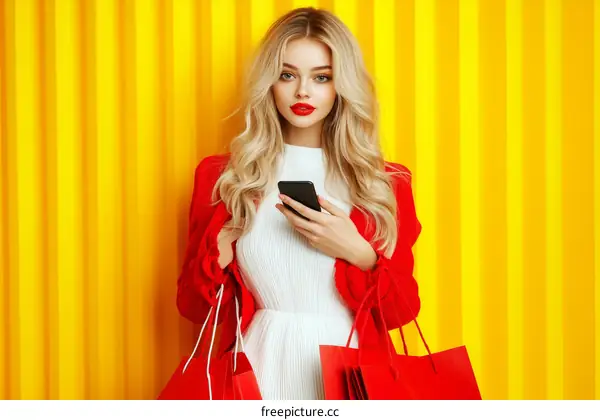 Stylish Woman with Shopping Bags and Smartphone