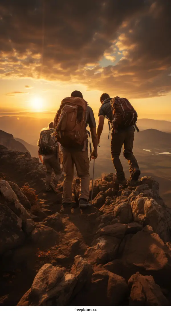 Three hikers on a mountaintop at sunset