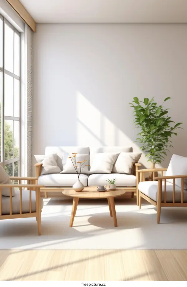 Airy Living Room with White Walls and Large Windows