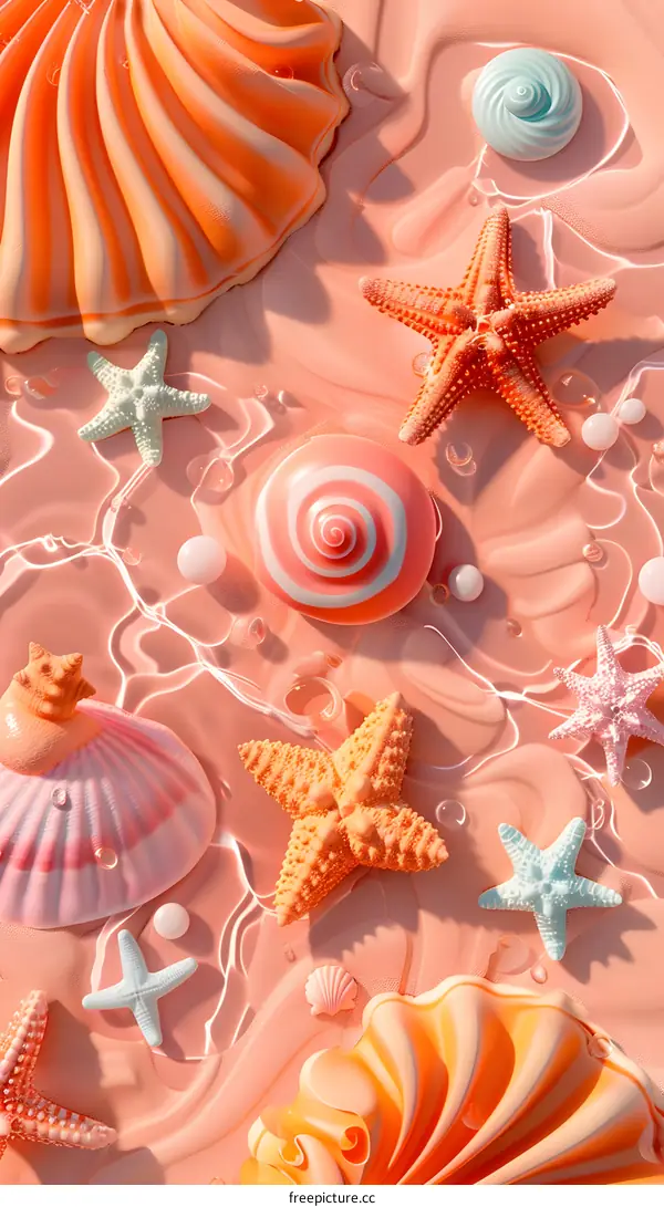 Seashells and Starfish on Pink Background