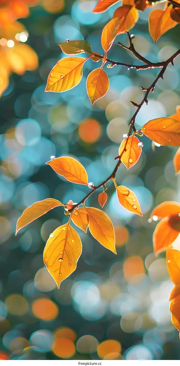 Autumn Leaves with Dew Drops and Bokeh Background