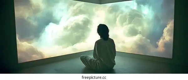 Woman Sitting in a Room with a Projection of Clouds