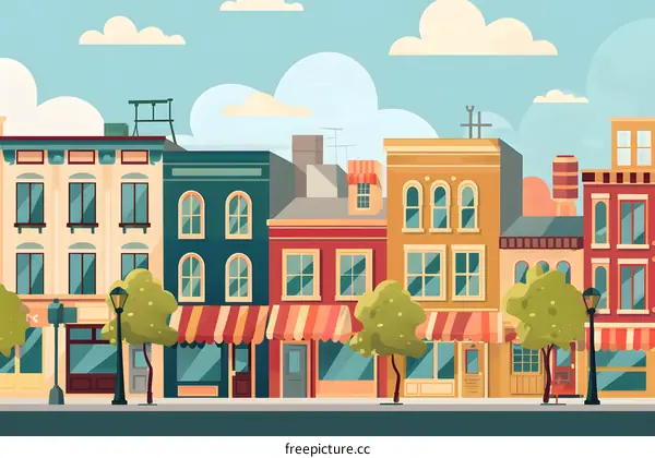 Cartoon Illustration Of A City Street With Shops And Buildings