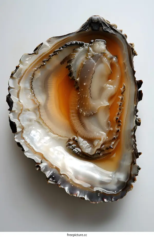 A close-up image of an oyster with a pearl inside