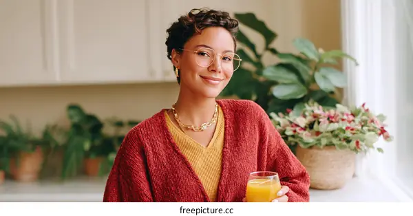 Smiling Woman Enjoying Orange Juice in Cozy Kitchen