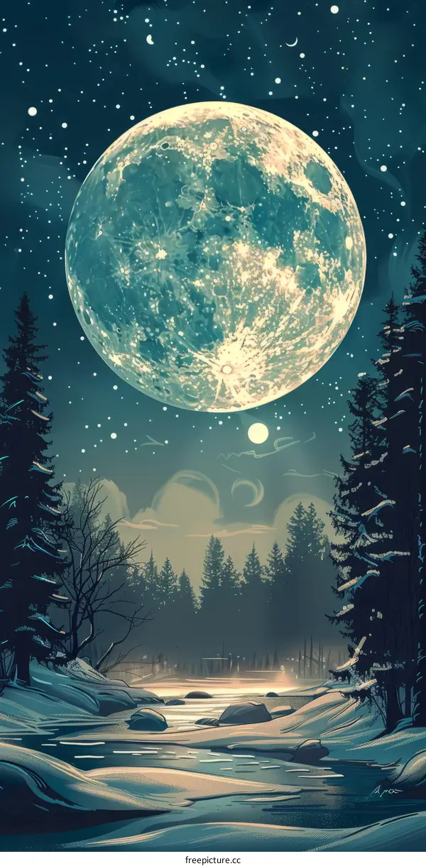 A beautiful winter night with a large moon and snow covered trees