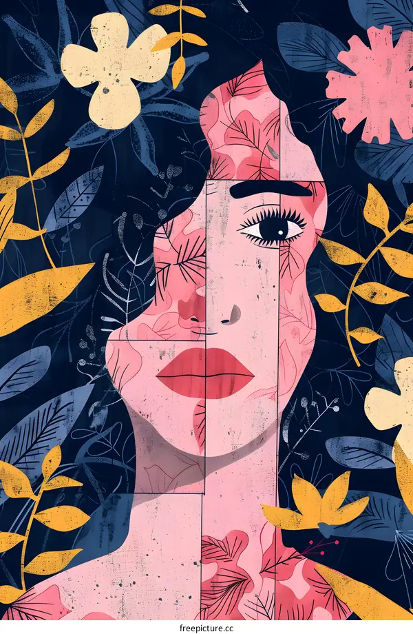 Woman Face Illustration With Floral Pattern
