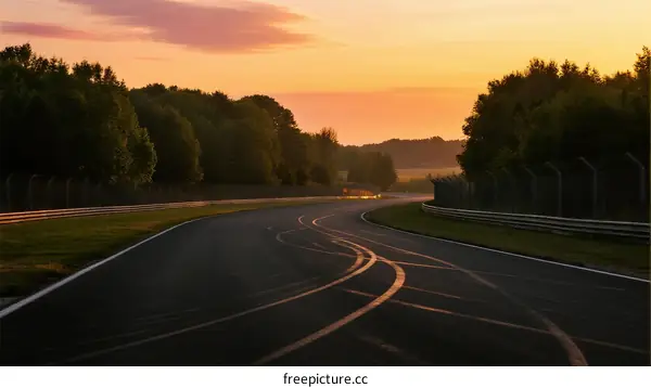 Sunset view of a winding race track surrounded by trees