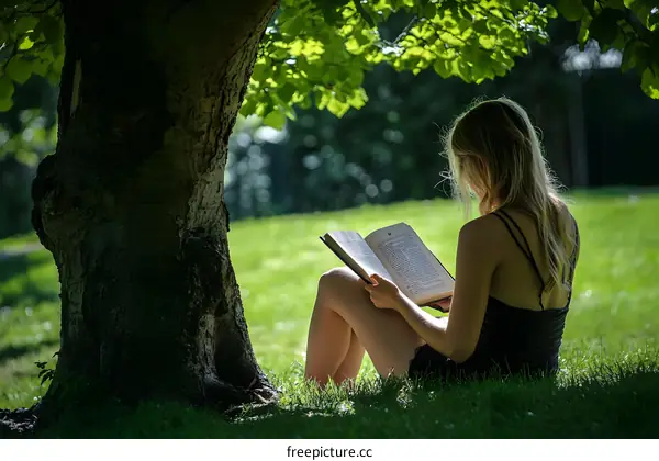 Young Woman Reading Book Under Tree in Park