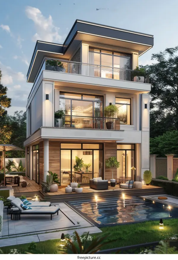 Modern Villa Exterior with Pool and Backyard