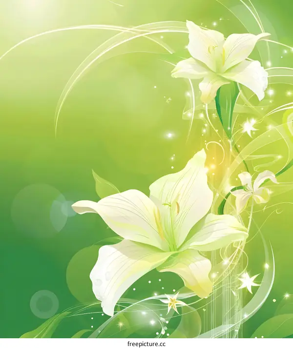 Green Background With White Lilies and Sparkles