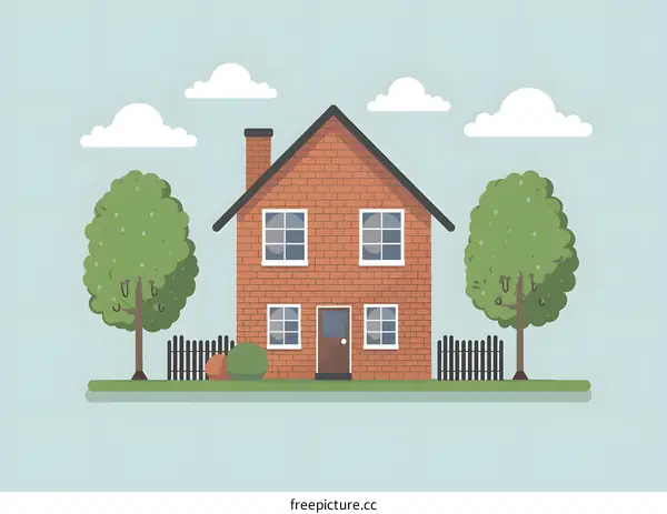 Brick House with Green Trees and Clouds