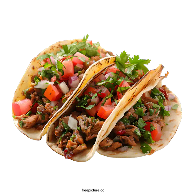 [Transparent Background PNG]Three tacos with meat, tomatoes and onions on a white background