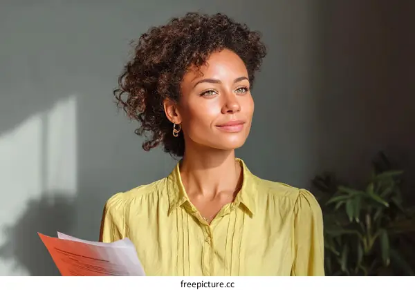 Thoughtful Woman Holding Documents in Yellow Shirt
