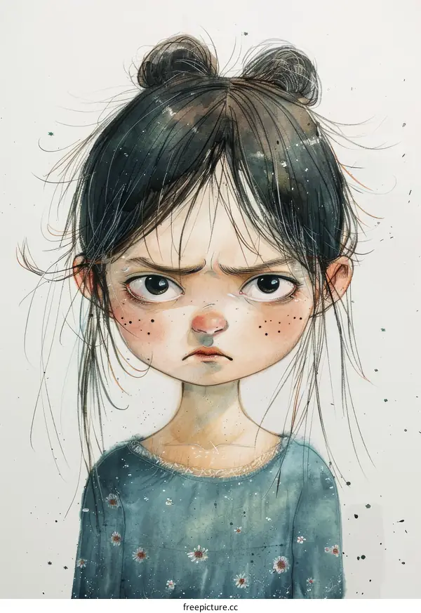 Little girl with messy hair and a grumpy expression on her face