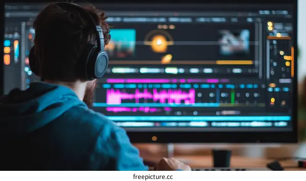 Focused Man in Headphones at Computer Editing Audio