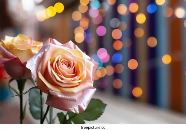 Pink roses with blurred colorful lights in the background