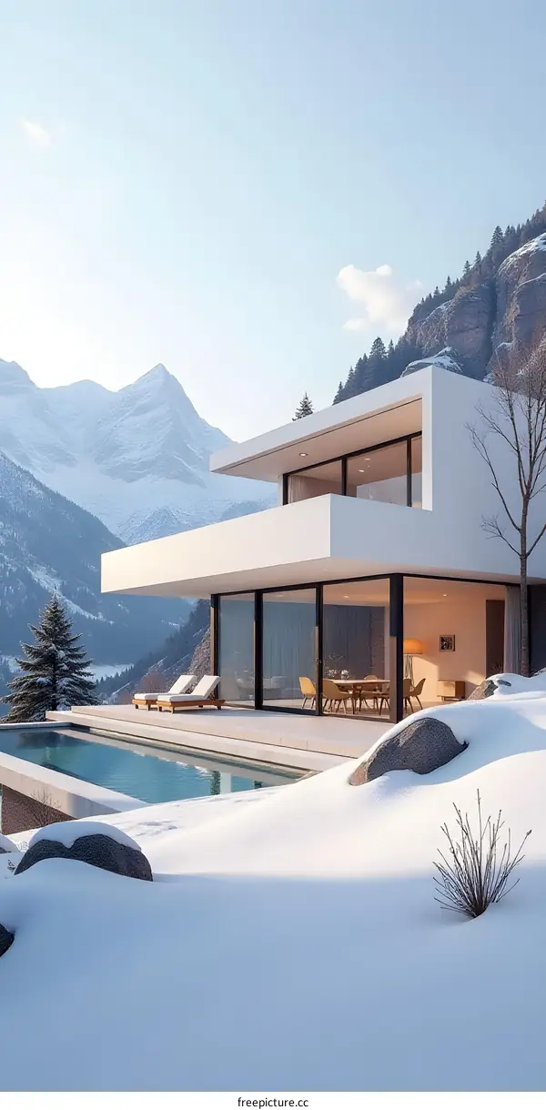Modern Minimalist Home in a Snowy Mountain Landscape