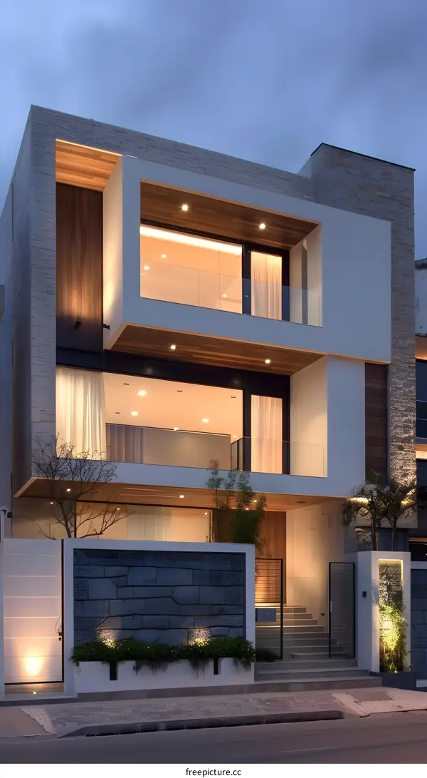 Modern Home Exterior with Stone Walls and Large Windows