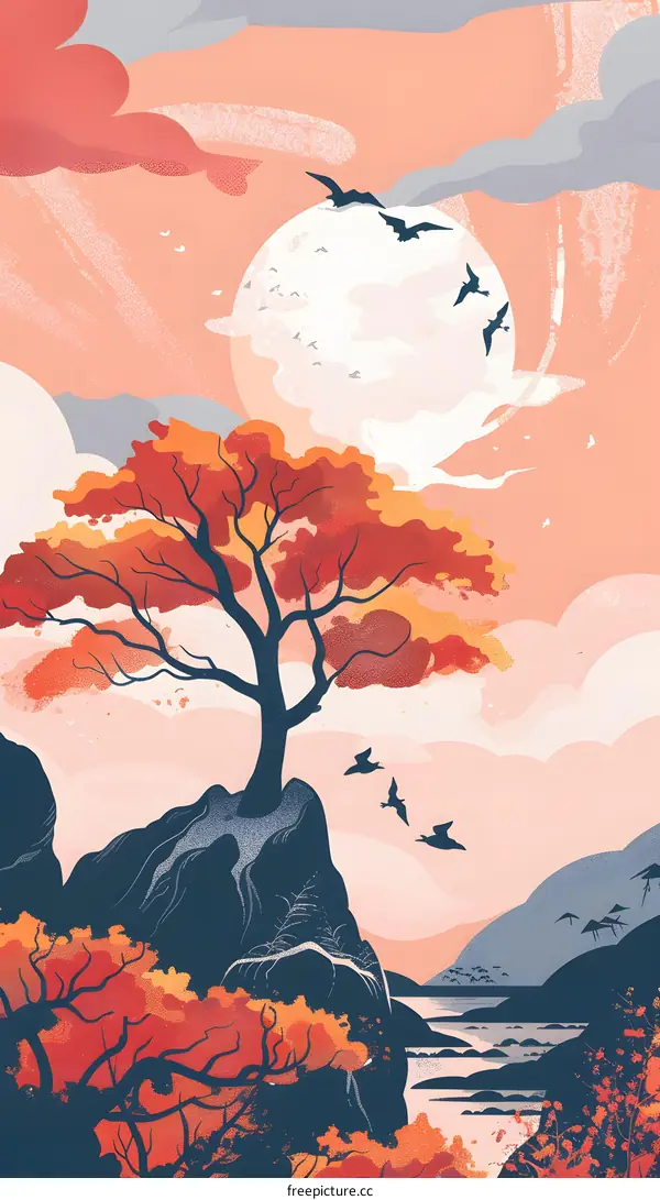 Autumn Landscape with Red Tree and Birds Flying