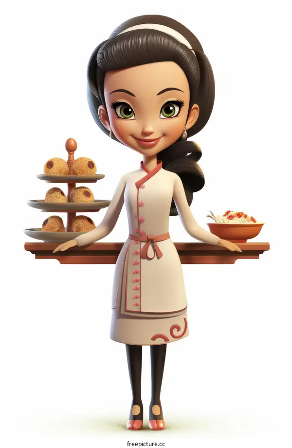 A 3D illustration of a female chef holding a plate of food