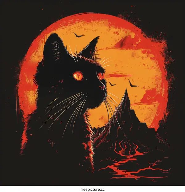 Black cat with red eyes staring at a blood moon