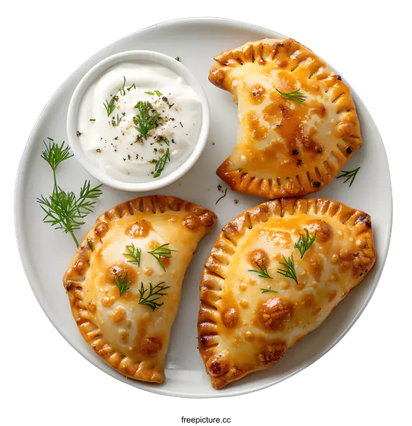 [Transparent Background PNG]three baked empanadas on white plate with sour cream