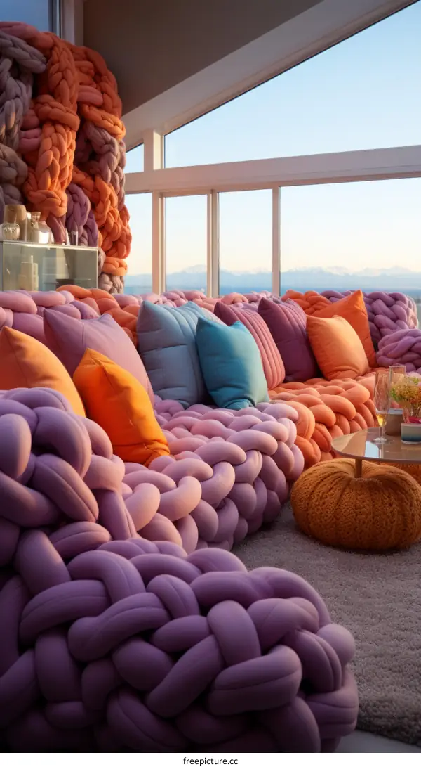 A colorful and cozy living room with a large purple sectional sofa