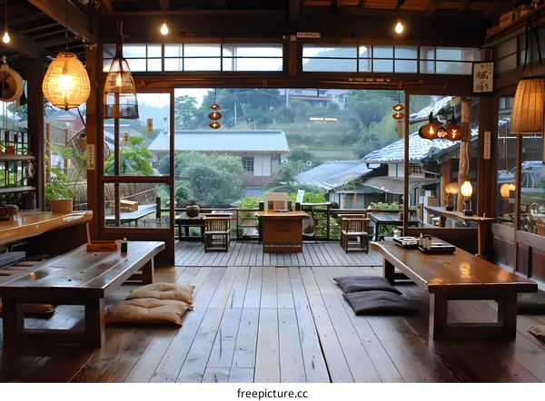 Traditional Japanese restaurant interior with wooden furniture and a view of the street