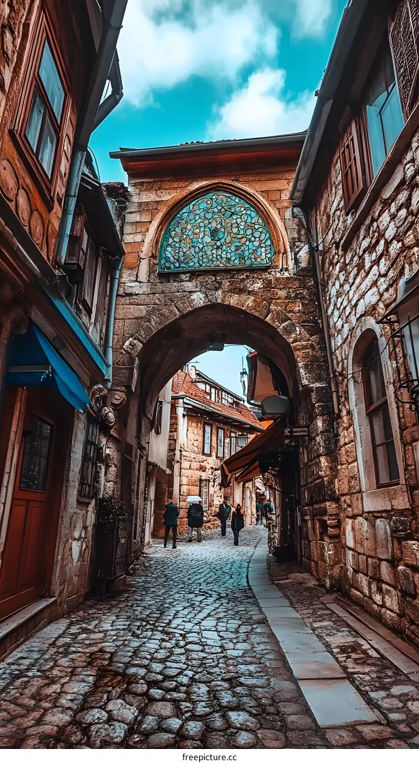 Stone Archway in a Narrow Cobblestone Street in a European City