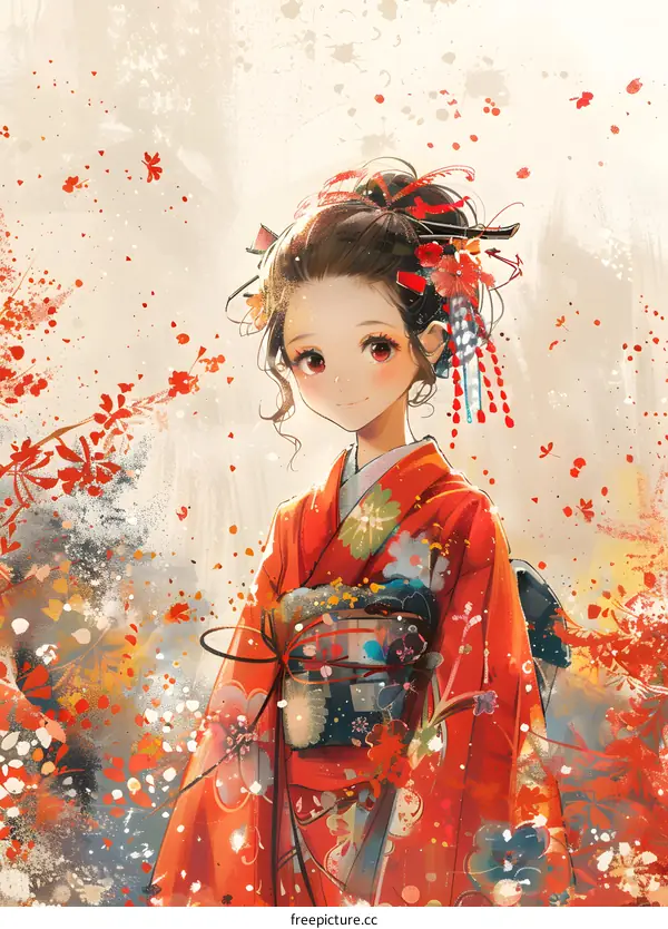 A beautiful Japanese girl wearing a red kimono