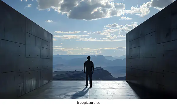 Silhouette of a Man Standing in a Concrete Corridor Looking Out at a Mountain Range
