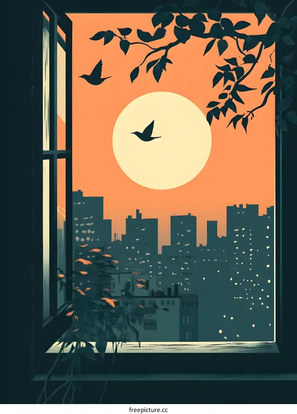 Window View of a City Sunset with Birds Flying
