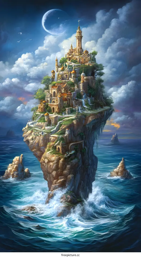 Fantasy City On A Cliff Overlooking The Ocean