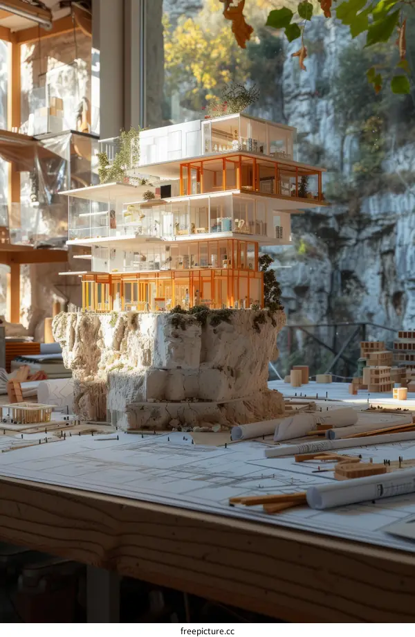 A model of a modern house on a rock