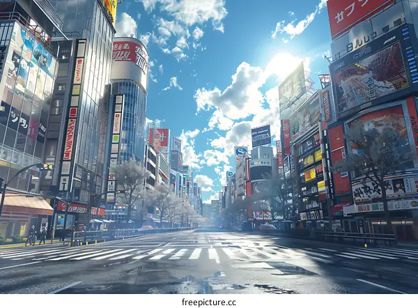An empty street in a modern city with large buildings and billboards on either side