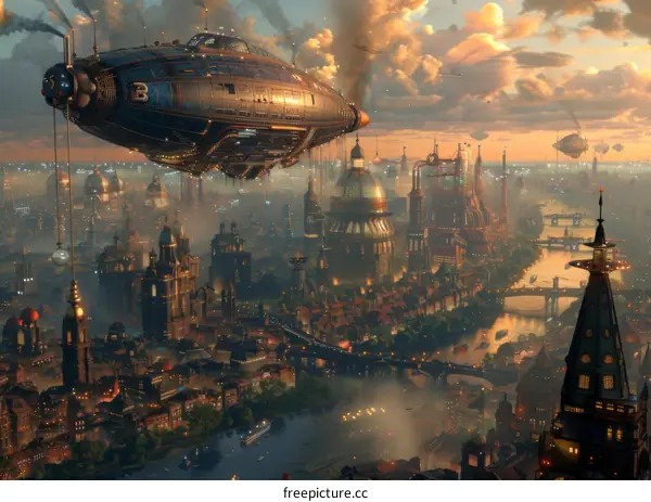 Steampunk Cityscape Aerial View Illustration