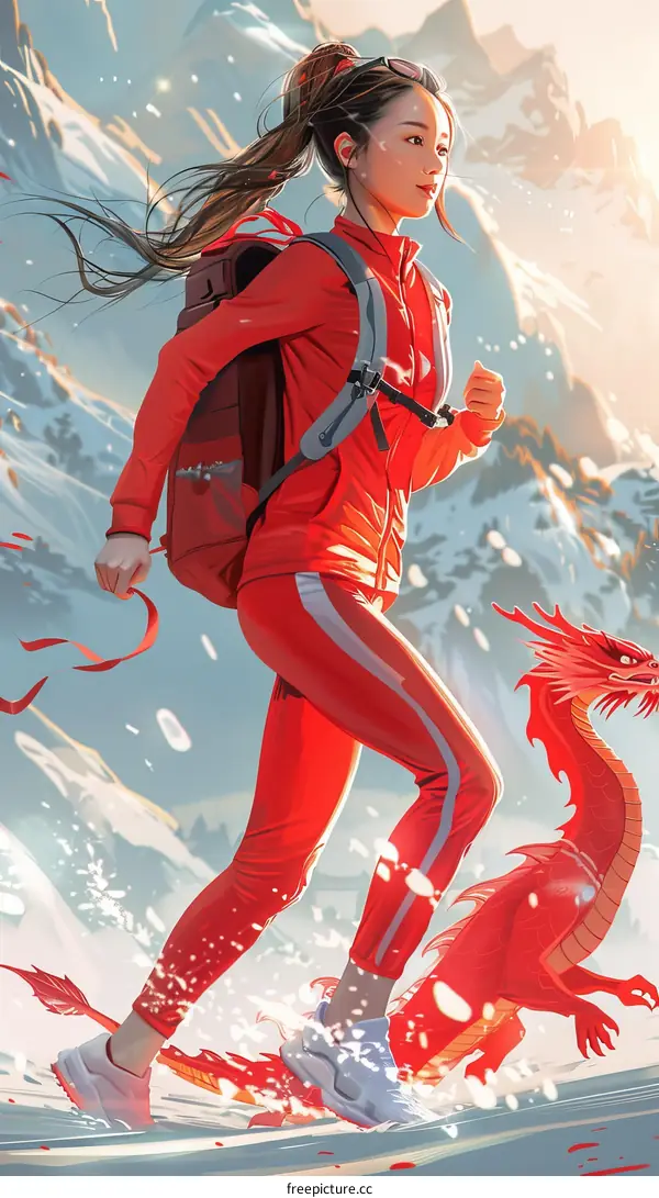 girl in red sportswear running with a red dragon in the snow