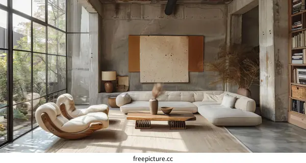 Industrial-Style Living Room Boasts Concrete Walls, Wood Accents